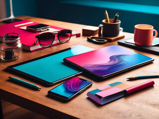 Branding stationery set mockup design with smartphone and tablet included design.