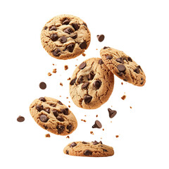 Chocolate chip cookies falling flying in the air, isolated on white transparent background, ultra realistic, PNG

