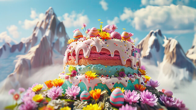 Generate an AI-enhanced image where the mountain range is transformed into an Easter cake adorned with colorful icing and edible decorations.