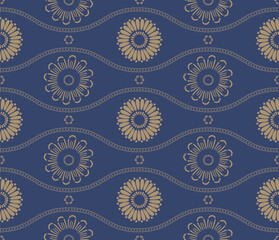 Japanese Circle Flower Wavy Line Vector Seamless Pattern
