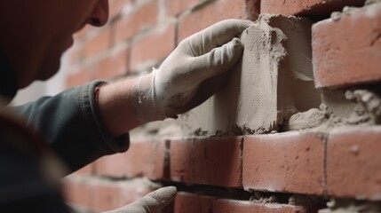 Worker bricklayer plastering red brick wall with putty knife - obrazy, fototapety, plakaty
