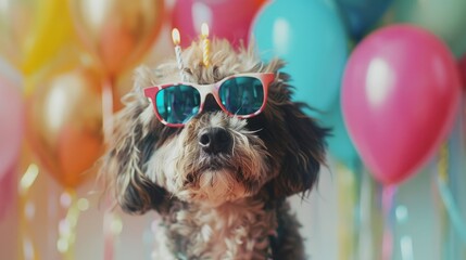 Funny party dog wearing colorful summer hat and stylish sunglasses with a colorful background,Happy Birthday party concept. Funny cute puppy dog border collie wearing birthday silly hat 
