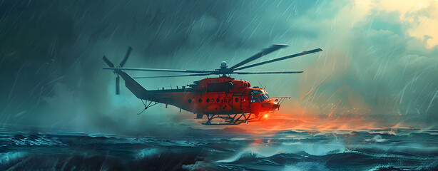 A red helicopter is flying over the ocean in the rain. The helicopter is on a rescue mission