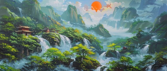 Fototapeta na wymiar Tranquil Serenity. Chinese Oil Painting Depicting a Verdant Grassland with Small Houses Nestled on Mountainsides, Waterfalls Cascading Down, and Streams Flowing Through the Landscape.