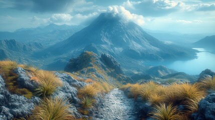 Winding mountain paths overlook the volcano