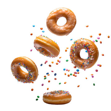 recommend clip art: Doughnuts flying in the air, isolated on white transparent background, ultra realistic, PNG
                    