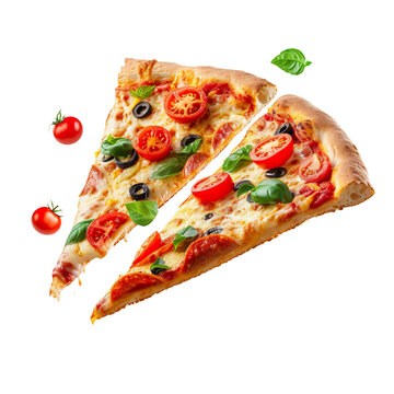 recommend clip art: Slices of Pizza Neapolitana flying in the air, isolated on white transparent background, ultra realistic, PNG