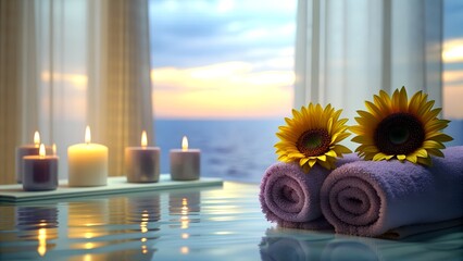 Spa Ambiance with Sunflowers and Towels at Sunset.  Serene Spa Setting with Sunflowers and purple Towels at Sunset. Lavender candles, romantic setting. Ocean and fresh sea breeze from the open window.