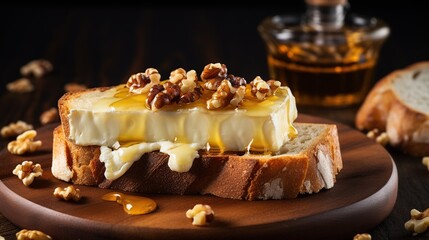 Delicious slice of bread with cheese walnuts and honey on a wooden tray. Concept of dessert or snack. - obrazy, fototapety, plakaty