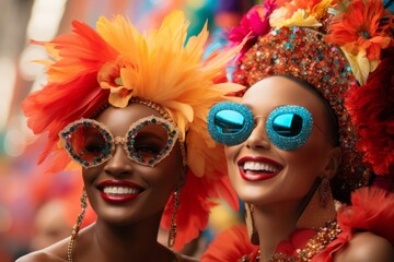 Obraz premium Vibrant carnival women laughing, adorned with colorful feathers and sparkly sunglasses