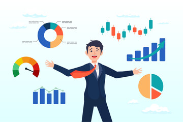Businessman thinking with data chart and graph, businessman financial data analysis, economic and growth diagram, stock market exchange data, investment analysis, growth earning income (Vector)