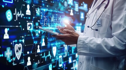 medical staff at Holding a tablet showing analysis of various health data and health professionals Deeply engage in discussions with digital devices that showcase social media platforms and technology
