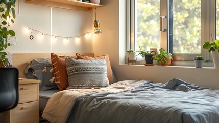 cozy dorm room with artificial lighting, with a blank clean white wall, with desk and tidy bed. generative AI