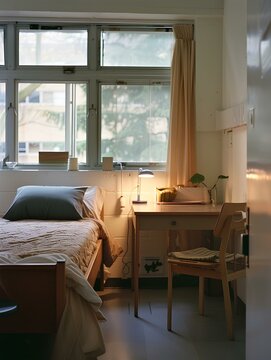 cozy dorm room with artificial lighting, with a blank clean white wall, with desk and tidy bed. generative AI