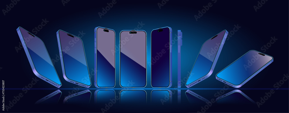 Poster smartphone mockup in different angles with editable screen. 3d perspective view mobile phone mockup.