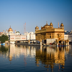 Fototapeta premium Beautiful view of Golden Temple - Harmandir Sahib in Amritsar, Punjab, India, Famous indian sikh landmark, Golden Temple, the main sanctuary of Sikhs in Amritsar, India