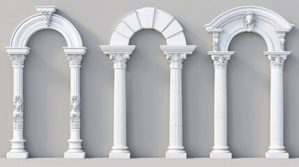 Roman arch made of white clay with decorative ornate decorations. 3D modern illustration set of greek stone pillars of temple buildings.