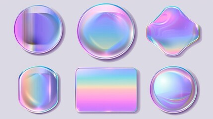 Realistic modern illustration set of silver label with hologram effect. Bright gradient sticker stamp or badge - promo text box.