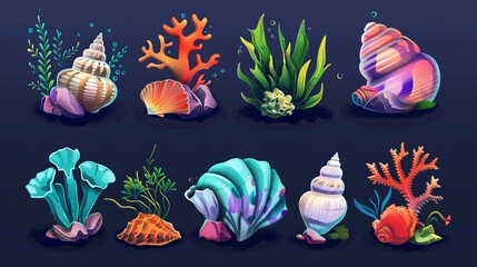 A colourful tropical marine shell with algae and coral to illustrate a game level rank. Cartoon modern illustration set of underwater spiral clam conches with plants. - obrazy, fototapety, plakaty