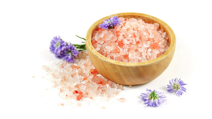 Pink organic himalaya salt on white background, Spa and wellness concept.