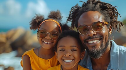 A cheerful African-American father with dreadlocks and sunglasses poses with his two smiling children on a sunny day at the beach, radiating happiness and family warmth. 