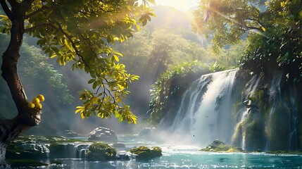Majestic waterfall cascading into a serene river amidst lush forest illuminated by sunlight rays.  - obrazy, fototapety, plakaty