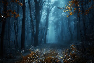 Mystical forest pathway with golden leaves and ethereal blue fog lighting up the woodland scenery.