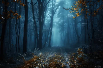 Wall murals Road in forest Mystical forest pathway with golden leaves and ethereal blue fog lighting up the woodland scenery.