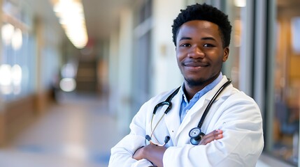 Confident young male doctor with crossed arms smiling at the camera in a hospital corridor. 