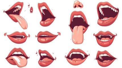 Kit of animated words with woman's mouth. Cartoon modern illustration set of young female character with four different positions of her lips and tongue during speaking and pronunciation of the - obrazy, fototapety, plakaty