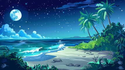 Summer island landscape with palm trees, lianas, green grass, ocean waves washing the coast, blue sky with moon and stars on a sandy night beach. Modern illustration of seaside landscape.