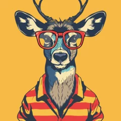 Foto auf Acrylglas Antireflex Funny cartoon deer vector illustration hipster animal in clothes. © whitecityrecords