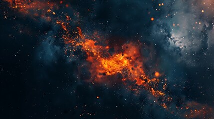 An abstract cosmic background with vibrant orange and red hues resembling a nebula explosion set against a dark starry space.  - obrazy, fototapety, plakaty