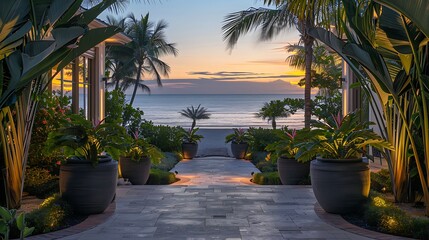A tranquil pathway flanked by lush plants leading to a serene beach at sunset, symbolizing a peaceful escape. 