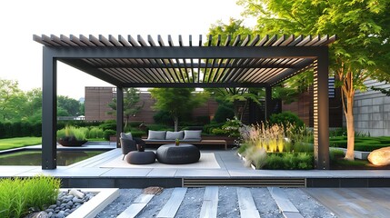 Modern outdoor patio with pergola, lounge furniture, and landscaped garden at dusk 
