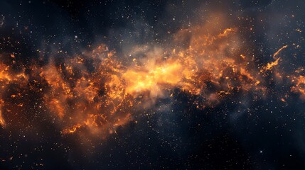 An abstract cosmic background depicting a fiery explosion in space, resembling a nebula or supernova, glowing with intense orange and yellow hues amidst the darkness of the universe.  - obrazy, fototapety, plakaty