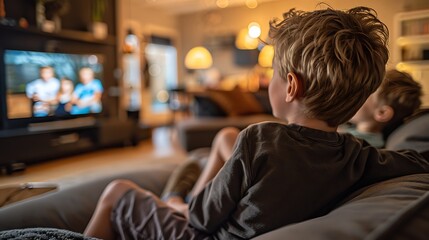 A young boy is watching television intently from a cozy living room sofa.  - obrazy, fototapety, plakaty