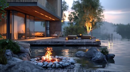 A tranquil evening setting featuring a modern lakeside house with a cozy campfire at the foreground and serene water view 