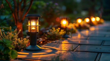 A serene evening scene of illuminated garden path lights along a walkway with lush greenery in the background.  - obrazy, fototapety, plakaty