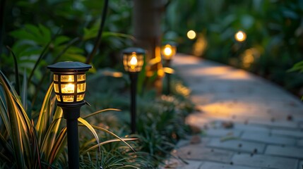 A serene garden path illuminated by solar LED lights at dusk for a tranquil ambiance. 