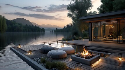 A tranquil lakeside modern home with a firepit on the wooden deck during twilight reflecting a serene lifestyle