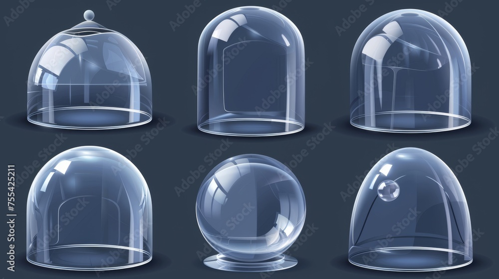 Poster realistic modern illustration set of shiny plastic bubble shield of ball and cylinder shapes. plexig