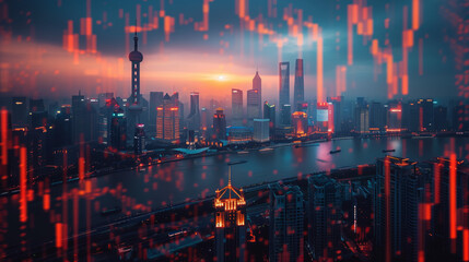 Shanghai China business skyline with stock exchange trading chart double exposure, Asia trading stock market digital concept