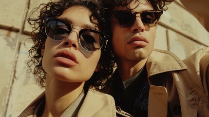 A dynamic image showing a young couple with curly hairstyles, trendy sunglasses, and fashionable trench coats - obrazy, fototapety, plakaty