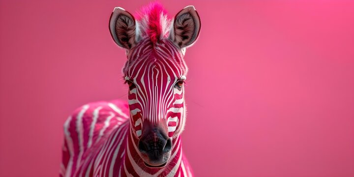 A pink Zebra in a bright monochromatic pink environment . Concept Colorful Animals, Unique Environments, Monochromatic Themes