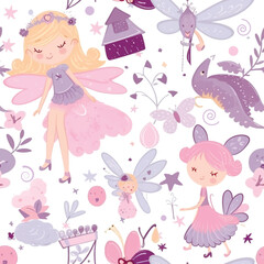 Fairy tale fantasy cute fun seamless pattern for baby girls. Vector ornamental beautiful colorful background in pink lilac colors. Fairytale repeat funny backdrop. Childish fabric pattern, wallpaper