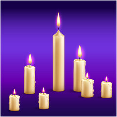 Vector Candles set of realistic white burning candles isolated with background.