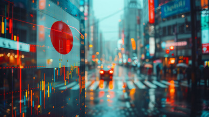Japan flag with stock exchange trading chart double exposure, Asian trading stock market digital concept