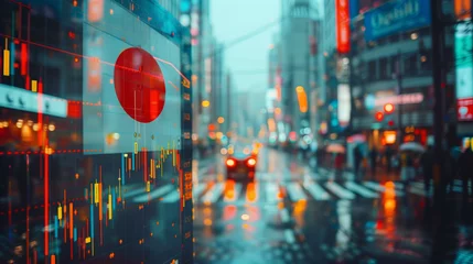 Foto op Canvas Japan flag with stock exchange trading chart double exposure, Asian trading stock market digital concept © Roman