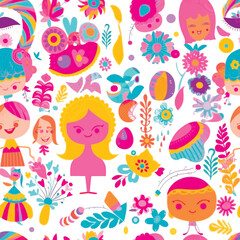 Fantasy cute fun ethnic style seamless pattern for little girls. Vector ornamental beautiful colorful background in pink colors. Fairytale repeat floral backdrop. Childish fabric pattern, wallpaper